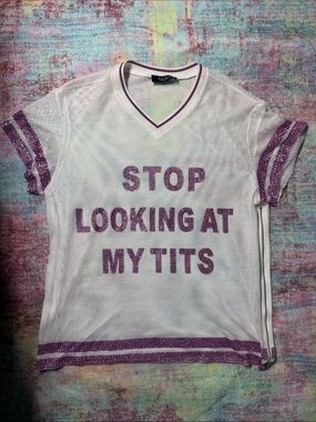 AKIRA White Mesh Tee with Purple Glitter Lettering